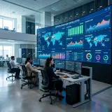 様々なデータを一元的に可視化するダッシュボードを象徴する、複数の大型スクリーンに美しいグラフや指標が並ぶコマンドセンターの高品質画像
