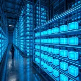 分析しやすいように構造化・整理して保管するデータウェアハウスを象徴する、均一な形のデータキューブがきっちりと陳列された巨大で美しい光る倉庫の高品質画像