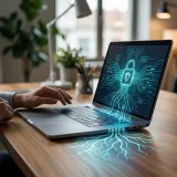PC端末で脅威を検知・対応するEDRを象徴する、ラップトップを守るように根差し光る防御機構の高品質画像