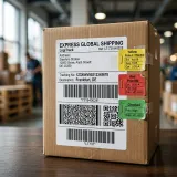 データそのものではなく「データに関するデータ」であるメタデータを象徴する、荷物に貼付された詳細な配送ラベルの高品質な写真
