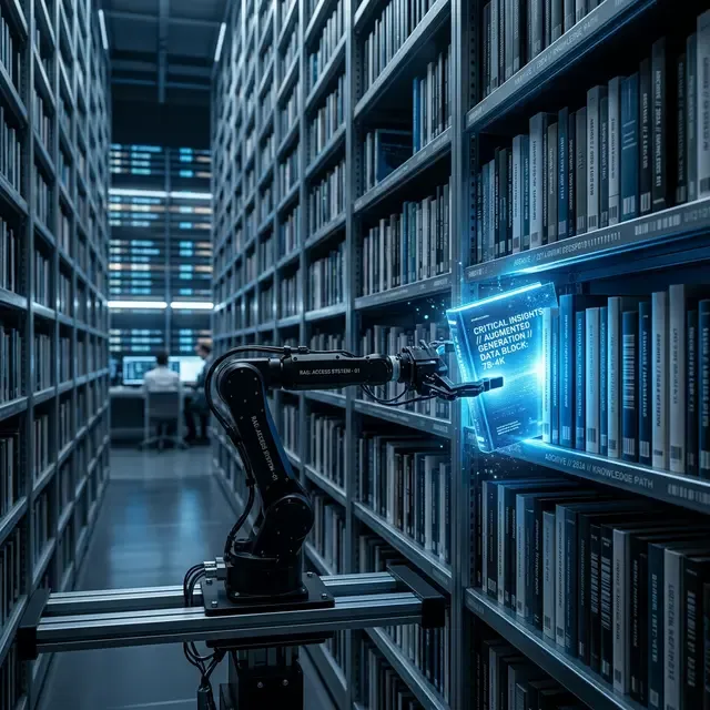 AIが外部の知識を検索して回答を生成するRAGを象徴する、膨大な書庫から適切な本をロボットアームが取り出す高品質な写真