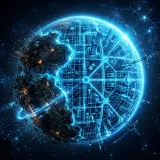 複数クラウドのインフラ環境を構築・変更できるTerraformを象徴する、混沌とした大地を美しい光るインフラグリッドへと開拓する高品質画像
