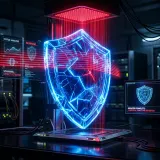 システムの弱点を洗い出す脆弱性診断を象徴する、スキャナーによって見えないヒビがあぶり出される青く光るクリスタルの盾の高品質画像