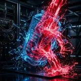 メモリ領域の上限を超えるデータを送り込むバッファオーバーフローを象徴する、赤い液状データが許容量を超えて溢れ出し破裂する青いコンテナの高品質写真
