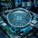 大量のデータから高速に検索と分析を行うElasticsearchを象徴する、光るマザーボードを探査する虫眼鏡の高品質な写真