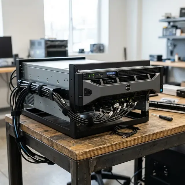 オンプレミスの物理サーバーラック環境を表したテックブログ向けの高品質なイメージ写真