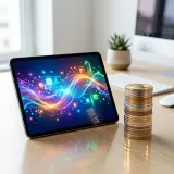 広告の費用対効果(ROAS)を表現するタブレットとコインの高品質なイメージ写真