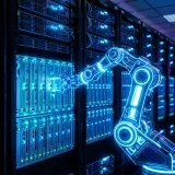 サーバーの構成管理を自動化するツールAnsibleを象徴する、多数のサーバー群を同時に正確に設定していく光るロボットアームの高品質写真