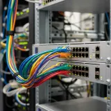 ルーティングをイメージした経路分岐図とネットワーク機器の写真