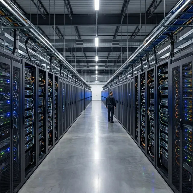 大規模データの分散処理基盤Hadoopを象徴する、整然と並ぶ壮大なサーバーファームの高品質な写真