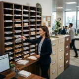 グループ企業内の共通する間接業務を一箇所に集約するシェアードサービスを象徴する、メールボックスやファイルが驚くほどきれいに整理整頓された企業の集中管理部門の高品質な写真