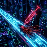 データベースの脆弱性を突き不正操作するSQLインジェクションを象徴する、データパイプラインに乱暴に突き刺さり悪意あるコードを注入する赤いシリンジの高品質写真