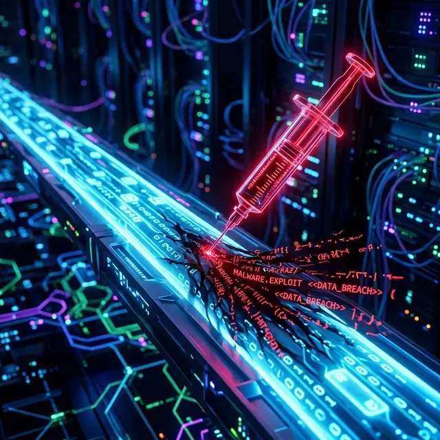 データベースの脆弱性を突き不正操作するSQLインジェクションを象徴する、データパイプラインに乱暴に突き刺さり悪意あるコードを注入する赤いシリンジの高品質写真