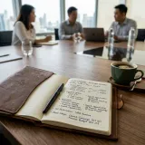 会議の決定事項や経緯を記録する議事録を象徴する、木製の会議用テーブルの上に置かれた分かりやすく構造化して手書きされた美しい革張りのノートの高品質な写真