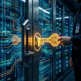 APIを呼び出すための認証パスワードであるAPIキーを象徴する、光るデーターサーバーの重厚な扉を開ける金色のネオンキーの高品質写真