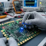 既存のAIモデルを特定のタスクに合わせて微調整するファインチューニングを象徴する、精密な電子基板を慎重に手作業で調整する高品質画像