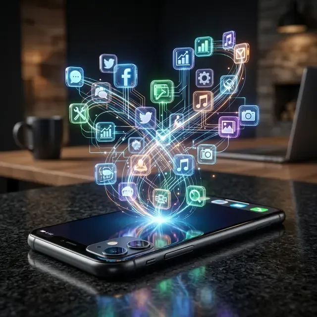中央サーバー抜きで動作する分散型アプリ(DApps)を象徴する、スマホとアイコン群の高品質写真