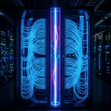 ネットワークを分割するサブネットマスクを象徴する、青いネットワークを分断する明確な光る仕切りの高品質写真
