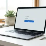 清潔感のあるデスクに置かれたノートパソコンと、その横に置かれた一本の銀色の鍵。画面にはシンプルなログインボタンが表示されている様子。
