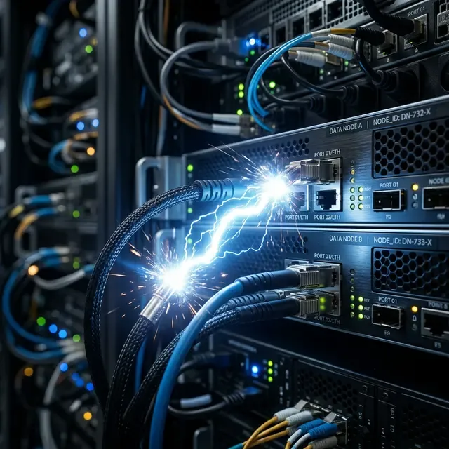 メモリ上で高速な分散処理を行うApache Sparkを象徴する、サーバー間で高速に飛ぶインメモリの電気の火花(スパーク)の高品質画像