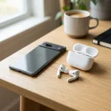 ワイヤレスイヤホンとスマートフォンを写した高品質な写真